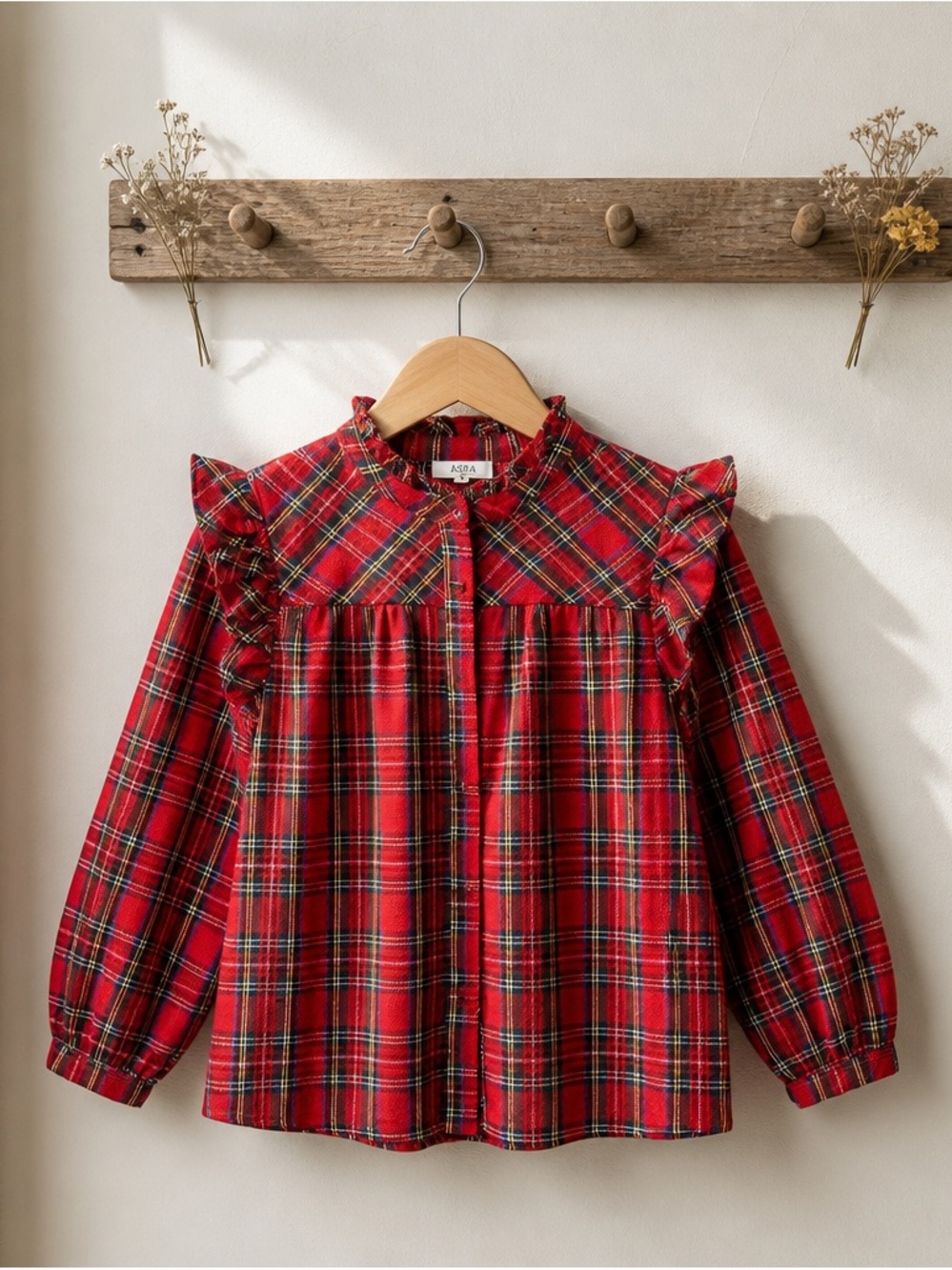 Women’s Red Plaid Ruffle-Yoke Blouse by Avara